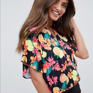 ASOS DESIGN angel sleeve wrap body in print